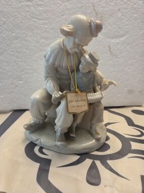 Paul Sebastian White Porcelain Clown & Child Accordion Lesson  Figurine